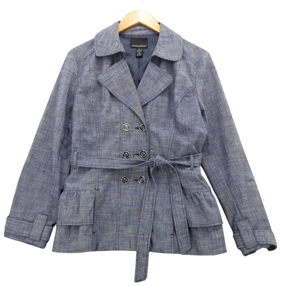 Cynthia Rowley‎ Blue Belted Trench Coat Ruffle Hem Womens Size L